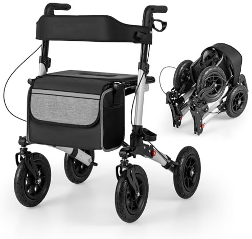 GOPLUS Déambulateur Pliable 4 Roues, Déambulateur Tout-Terrain avec Freins pour Personnes Âgées, Hauteur Réglable, Dossier Ergonomique, Léger, Aide à la Marche Rangement Facile,Charge 140 kg (Argenté)