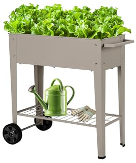 Hochbeet Metall mit Rädern und Ablage 84.5 x45x80cm, Blumenkasten Frühbeet Kräuterbeet Pflanzenbeet, Gemüsebeet Gartenbeet Blumenkübel für Balkon，Garten，Terrasse Grau