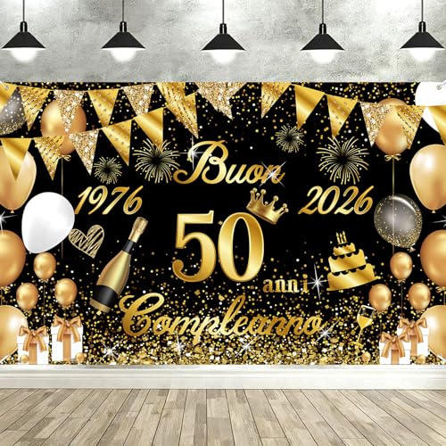 Striscione Buon Compleanno 50 Anni 1976-2026, Seutgjie Decorazioni Compleanno 50 Anni Donna Uomo per Anniversario Oro Nero 180 x 110 cm