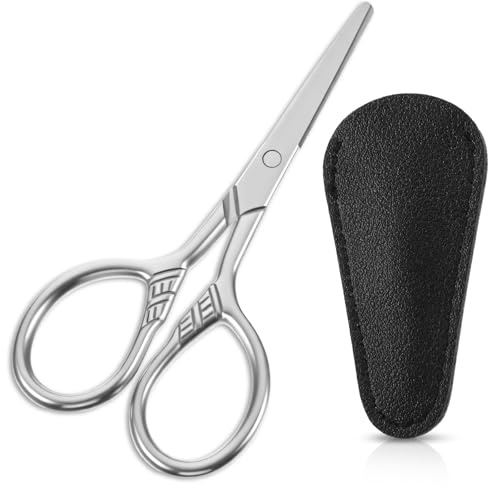 Mabor Ciseaux à barbe en acier inoxydable pour homme - 9 cm - Ciseaux à ongles professionnels avec tête ronde - Avec étui en cuir synthétique - Pour couper la barbe et les poils du nez
