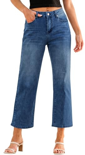 Roskiky Jeans Women's Cropped Trousers High Waisted Straight Leg Stretchy Denim Classic Blue XL