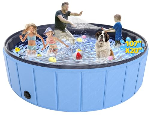 Extra Large Foldable Dog Pool 107”x20”, EPN Heavy Duty Hard PVC Collapsible Dog Pool for Large Dogs and Kids, Leakproof Non-Slip Pet Wading & Bathing Tub with Drain, for Indoor & Outdoor Use
