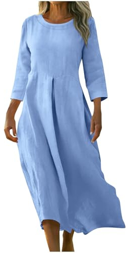 Vestido Mujer Primavera Verano Algodón y Lino Vestido Largo Mujer de Manga 3/4 Casual Cuello Redondo Color Sólido Vestidos Maxi Cintura Alta Cómodo Transpirable Vestidos de Playa