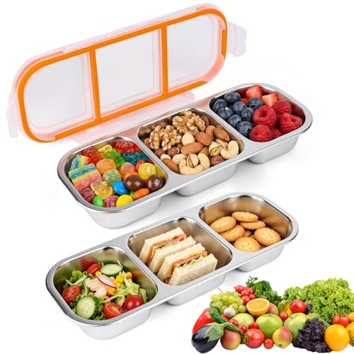 Snack Box, 2 cajas de aperitivos con 3 compartimentos, iambrera de acero inoxidable, recipientes reutilizables para la Escuela, el Hogar, los Viajes