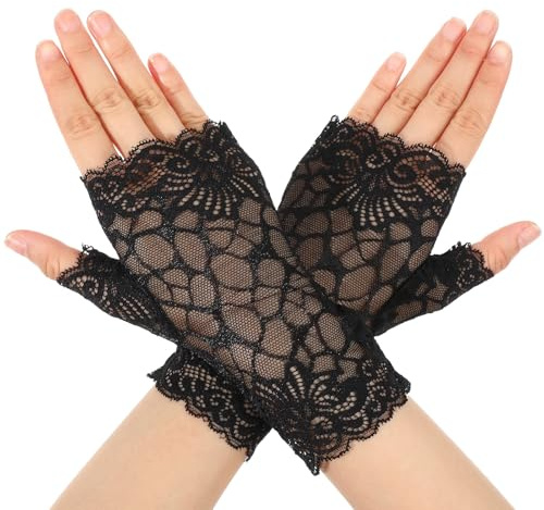 Telooco Women Short Lace Gloves Fingerless Black Novelty Gloves (Black) | Halloween Vampire Lace Gloves for Bridal Opera Evening Wedding Party Prom Cosplay Costume Accessories