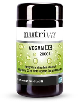 NUTRIVA Vegan D3, Integratore Alimentare a Base di Vitamina D3, Ideale per le Ossa e per il Supporto del Sistema Immunitario, Naturale, Privo di OGM, Glutine e Allergeni - 60 Compresse Masticabili