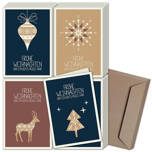 Weihnachtskarten & Umschläge,20er Set, mit PRÄGUNG, Skandinavische Weihnacht, B6 Premium Klappkarten, für Familie, Freunde, oder geschäftlich