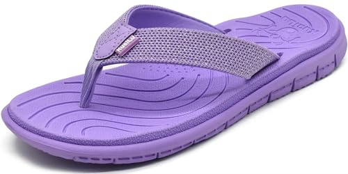 KuaiLu Chanclas Mujer Verano Playa Piscina Cuero y Tela Flip Flops Señoras Comodas Piel Planas Caminar Sandalias De Dedo Antideslizante Yoga-Espuma Chancletas Morado 39