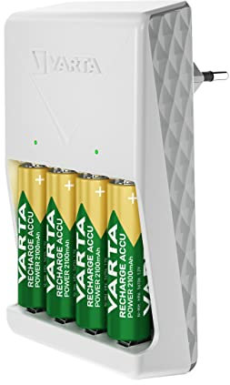 VARTA Akku Ladegerät, inkl. 4X AA 2100mAh, Batterieladegerät für wiederaufladbare Batterien, lädt 2 oder 4 AA/AAA gleichzeitig, Plug Charger, weiß