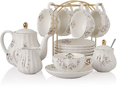British Royal Series Service à thé en porcelaine avec tasses et soucoupe pour 6 personnes 225 ml avec théière, sucrier, pichet à crème, cuillères à café et passoire à thé