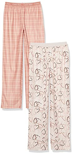 Calvin Klein Kids Girls' Soft Brushed Microfleece Pajama Pant 2-Pack, Pink Heart/Plaid, Large