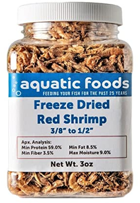 Aquatic Foods Inc. Red Shrimp - Freeze Dried 3/8 to 1/2 Red River Shrimp for All Tropical Fish, Marine Fish, Lg Cichlids, Koi & Pond Fish, Turtles, Reptiles, Rodents…3oz Small Jar