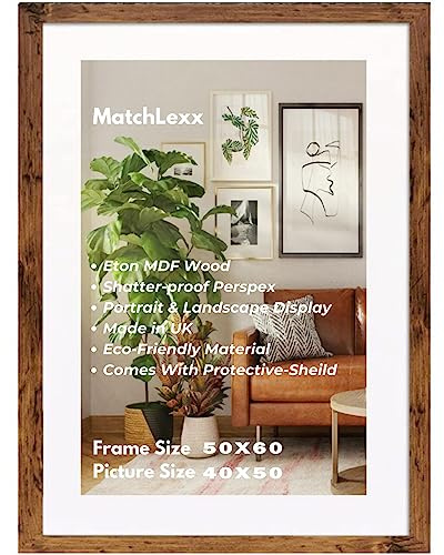 MatchLexx® Rustic | Poster Pictures Frame 50 x 60 cm With White Mount 40x50cm Photo Frame | Solid Wood Poster Frames Jigsaw Puzzle Artwork Vertical or Horizontal For Home and Office