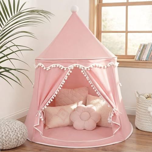 LIONHERZ® DAS ORIGINAL Spielzelt für Kinder, atmungsaktiv aus Baumwolle&Hanf | Prinzessinnenschloss mit Fiberglasstangen und Tragetasche | stabiles Tipi Mädchen Indoor (Korallrosa, ohne Zubehör)