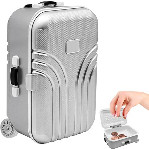 HOMURY Silber Kreative Koffer Spardose: Mini Gepäck Sparschwein, Spardose Simulation Reisekoffer aus ABS, Spardose Koffer, für Kinder und Erwachsene Witziges Geschenk