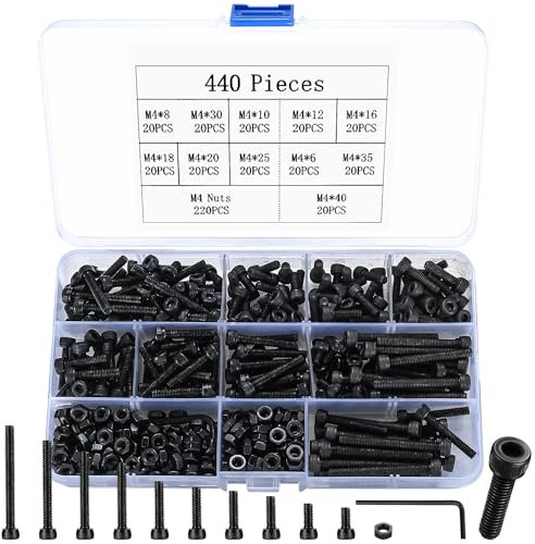 440 Stück M4 Schraubensatz, Schwarz Sechskantschrauben mit Muttern und Unterlegscheiben, Schrauben Muttern und Unterlegscheiben Sortiment, Sechskantschrauben-Satz mit 2 Stück Schraubenschlüsseln