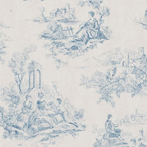 Toile De Jouy Blue Wallpaper - Country Scene Farmland Floral Animals - Traditional Vintage Classic Feature Wall