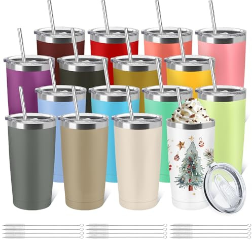 YOUKE OLA 16 Pack Stainless Steel Tumbler Bulk 20oz Insulated Vacuum Travel Mug Powder Coated Coffee Mug Gift for Wine Cocktails Hot Cold Drinks, Assorted Colors