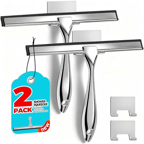 ALFLOD 2PACK Shower Squeegee for Glass Doors, Squeegee for Shower Glass，All-Purpose Tile Walls, Bathroom, Window, Glass and Car Windshield, Mirrors and Kitchen-Stainless Steel, 10 Inches, Silver
