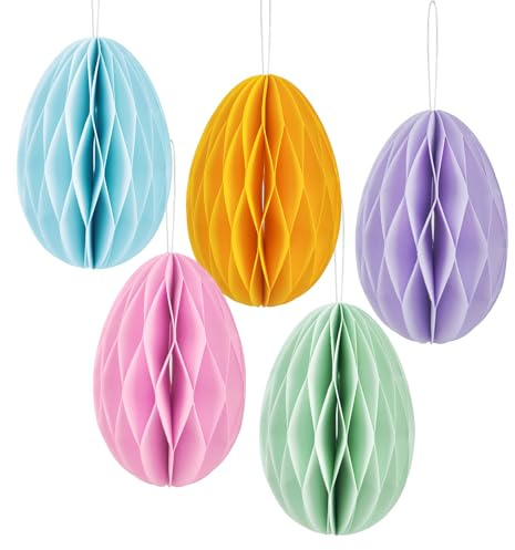 5Pcs Easter Egg Paper Pendant Ornaments, Colorful Easter Egg Honeycomb Decorations, Easter 3D Honeycomb Paper Egg Swril Ball for Kindergarden, Shoping Mall, Classroom, Showcase Decoration