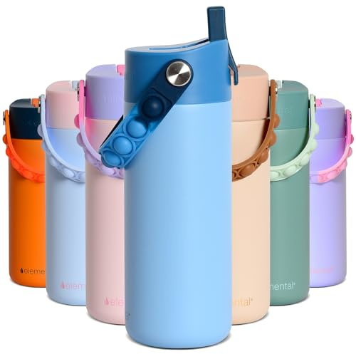 Elemental Insulated Kids Water Bottle, Stainless Steel Water Bottle with Straw Lid & Pop-It Handle, Leak-Proof Water Bottles for School, Boys or Girls, Travelling and Sports, 530ml - Ocean Tie Dye