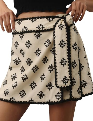 Tomosc Women Wrap Skort 2026 Casual Summer Flowy Mini Skirt Knot Side Elastic Waist Relaxed Printed Skirt with Belt (11W-Beige-Medium)