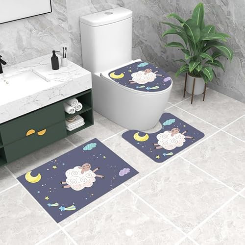 Badezimmerteppich Graumondschaf WC Vorleger mit Ausschnitt WC Deckelbezug 3 Teiliges WC Teppich rutschfeste Badgarnitur U förmiger Badematte Waschbar Bad Teppiche Set 50x80 cm