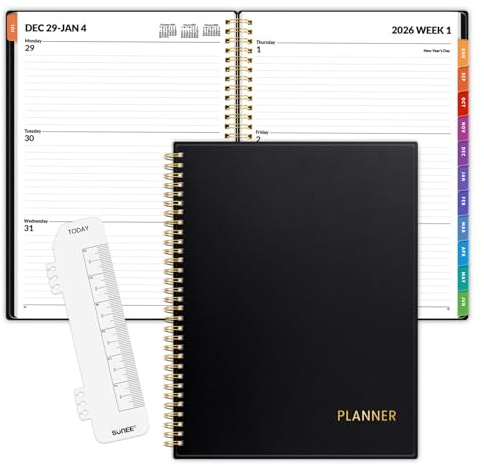 SUNEE 2026 Weekly and Monthly Planner - from January 2026 - December 2026, Daily Agenda Planner with Monthly Tab, Flexible Cover, Note Pages, Pockets, Bookmark, Spiral Binding, Black, 8.5x11