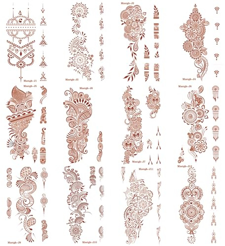 12 sheets Henna Tattoo Stickers, Brown Henna Tattoo kit,Waterproof Red Ink Henna hands Tattoo,for Women Party Decorations