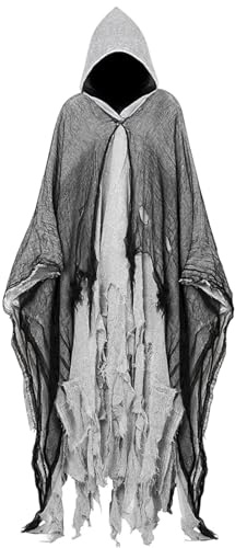 ALINILA Deguisement Homme Halloween Horreur: Costume Fantôme Halloween Cape a Capuche - Costume de Faucheuse Sorcière Ghost Adulte Homme Femme (Gris)