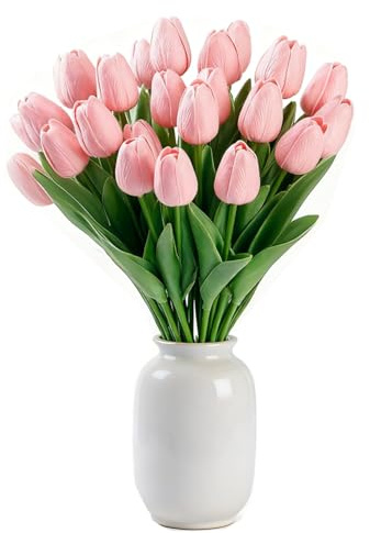 SHUERIET Light Pink Artificial Tulips, 20 Pcs PU Real Touch Faux Flowers