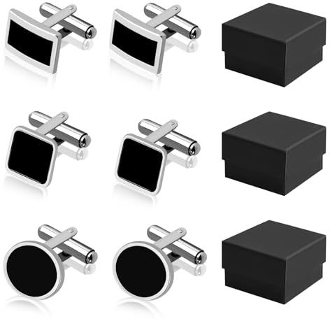 IEMIEBSHA 6 gemelli da uomo, in argento, nero, camicia francese, rotondi, quadrati, rettangolari, con 3 scatole per matrimonio, business, gioielli regalo