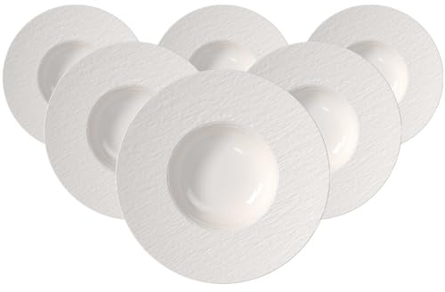 Villeroy & Boch – Manufacture Ice pastatallrikar set med 6, ca 28 × 28 × 5 cm, vit med matt glänsande glass, diskmaskins- och mikrovågsugnssäker, tallrik för pasta och skålar, premium porslin