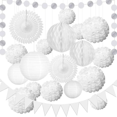 APKOL Set da 20 Pezzi Decorazioni Festa Bianco, Lanterne di Carta Pompon