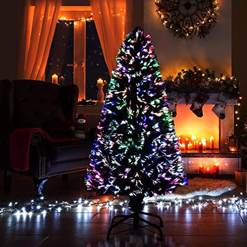 5Ft/150cm Fibre Optic Christmas Tree with Multicolour Changing LED Lights Decorations - Pre-Lit Green Artificial Xmas Tree Colourful Lights