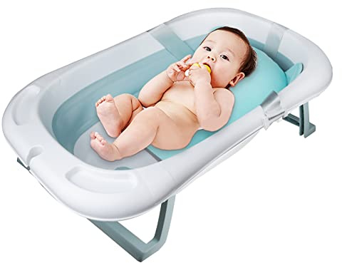 Baignoire Pliable pour Bébé avec Détection de Température Tapis de Bain Détachable Confortable avec Bouchon de Vidange Baignoire Bebe avec Coussin pour Nouveau-né Enfants