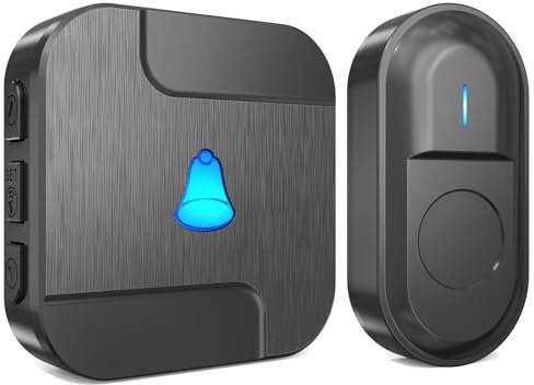 Wireless Doorbell, Waterproof Battery Operated Cordless Doorbell Operating at 1,000 Feet Long Range with 55 Chimes 5 Volume Levels, LED Light,Black