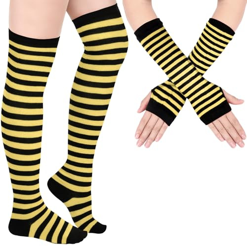 Blulu Arm Warmers Leg Warmers for Women Girls Striped Thigh High Socks Fingerless Gloves Striped Stocking(Yellow and Black)