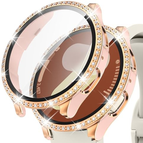 Kamita Diamond Skyddshölje Fodral Kompatibel med Samsung Galaxy Watch 7 40 mm, hårt PC Stötfångare Fodral med 9H Härdat Glas Glitter Skärmskydd för Galaxy Watch7 (Rosa-Rose Gold)