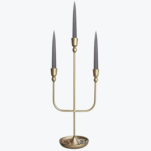 3 Candles Metal Candelabra - Brass Finish Candlestick Holders, 20.5 in Tall Iron Candle Holder for Wedding Event Candelabra Candle Stand
