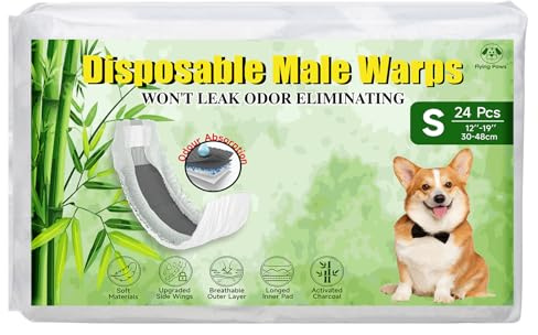 Flying Paws Pannolini per cani maschi, S-24 usa e getta con carbone attivo, neutralizzazione degli odori, pannolini morbidi e traspiranti, pantaloni per incontinenza per cuccioli S-24 Count