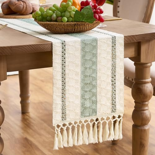 Aisybaklyn Böhmisk Bordslöpare Sage Grön 30 x 183 cm Dekorativa Ränder Boho Chic Bomullslinne Modern Dekoration Bordslöpare för Hem Kök Matsal Bröllop Fest