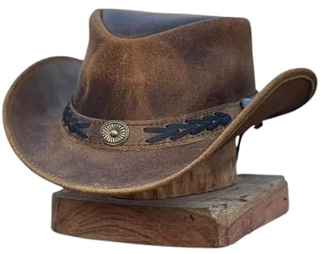 Men's Tan Real Leather Australian Western Cowboy Bush Hat - Crazy Horse Style, Unisex XS to XL, Brown (UK, Alpha, XXL, Brown)