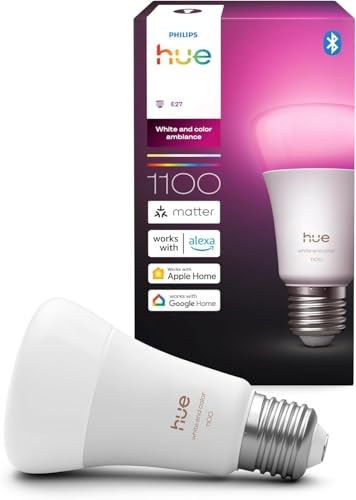 Philips Hue Smart LED A60 Bulb, White and Color Ambiance, E27 Base, 8.1W, Full Spectrum Light 1000K-20000K, 1100 Lumens, Dimmable, Works with Alexa, Google Assistant, and Apple Home, 1 Pack