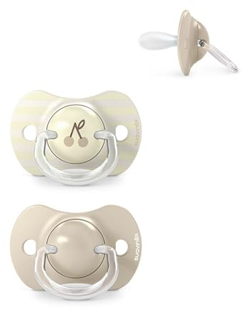 Suavinex, Pack de 2 Chupetes para Bebés +18 Meses, con Tetina Fisiológica de Silicona SX Pro Simétrica, Plana y Flexible, Respeta el Desarrollo Bucodental, Birdies Beige