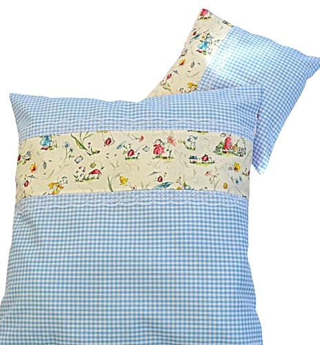 Generisch Puppenbettwäsche Wiesenkinder, Puppenbettzeug hellblau im Landhausdesign, Garnitur für Puppenbett, Puppenwagen, 2 teilig, 100% Baumwolle, Öko Tex