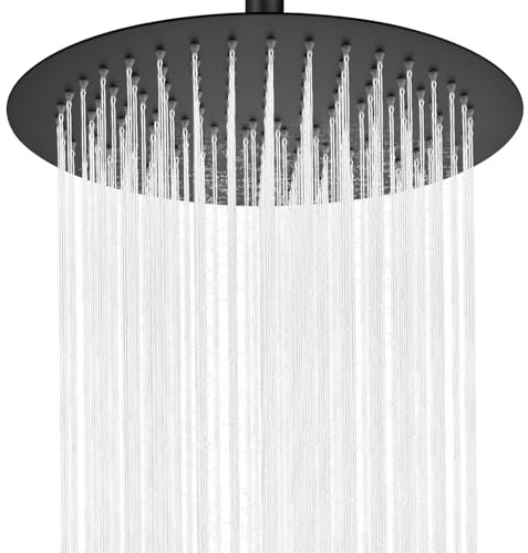 Alcachofa de Ducha Grande Anticalcáreo y Alta Presión - Redondo 8 Pulgadas con Boquillas de Silicona Autolimpiantes - Ducha de Lluvia en Acero Inoxidable, Fija a Pared para Baño Moderno - Negro