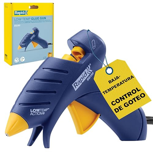 Rapid EG130 Pistola de cola de baja temperatura para manualidades y uso doméstico, 130°C para materiales delicados, Barras de cola ovaladas de 9mm, Salida de 80g/h, Soporte integrado
