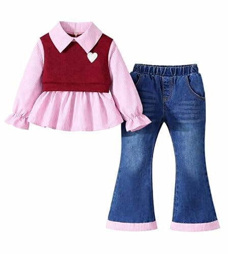 OrJana Completo Bambina 2 Pezzi Primavera Autunno, Camicetta a Righe con Gilet Cuore e Jeans a Zampa, Stile Preppy (burgundy, 7-8 anni)