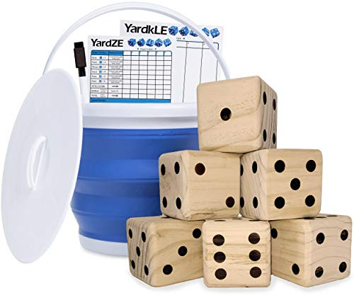 GETMOVIN SPORTS Giant Wooden Playing Dice Set with Roll Bucket and Scorecard, Outdoor Lawn Yard Game - Includes 6 Dice, Dry Erase Scorecard W/Marker, Roll Bucket, Carrying Bag (3.5 Dice)